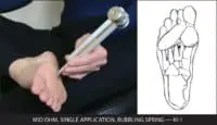 Mid Ohm Tuning Fork is shown in a single application to bottom of foot on “Bubbling Spring” (acu-point KI 1). Use to help ground and create an energetic connection to the Earth by bringing Qi to the feet and legs.